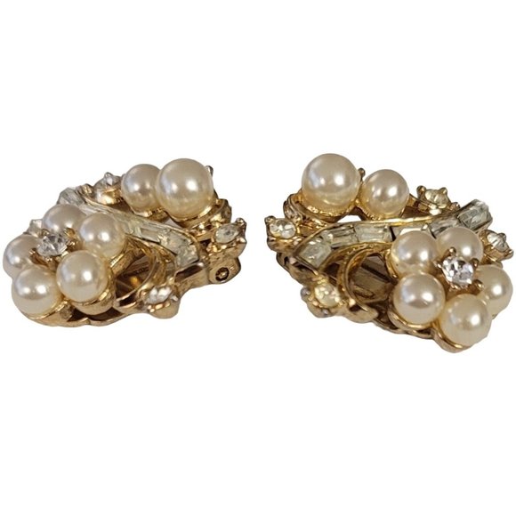 Trifari Vintage Gold Tone Faux Pearl Clear Baguette Rhinestone Clip Earrings E08 - Picture 5 of 12